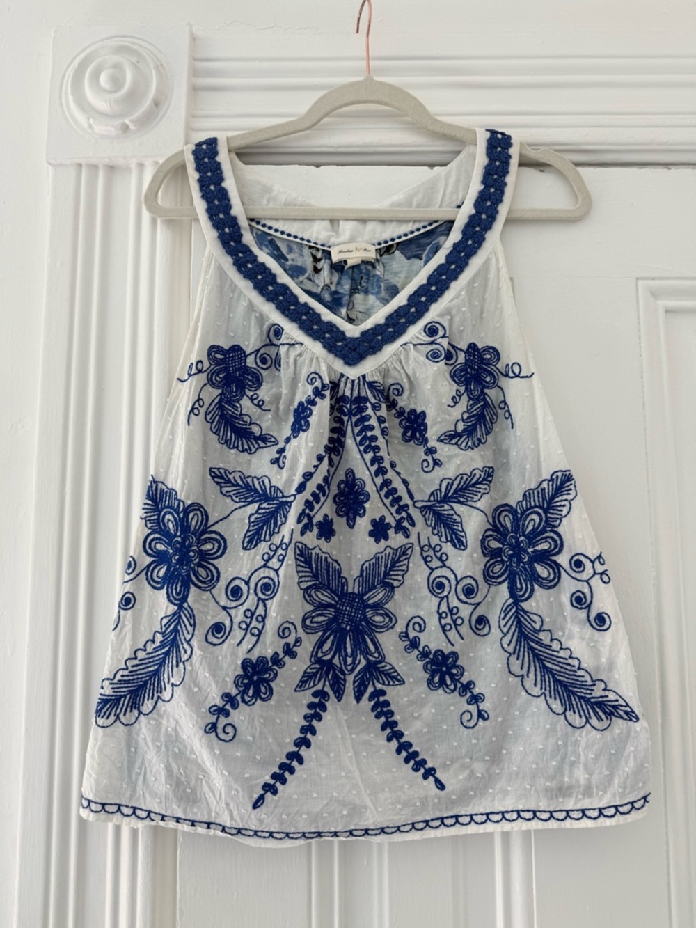 Meadow Rue for Anthropologie White Camisole with Blue Embroidered Floral Design